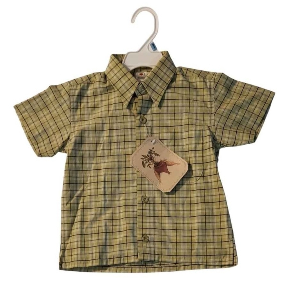 NWT Boys Green & Briwn Plaid Button Down Shirt Lightweight Casual ~24M